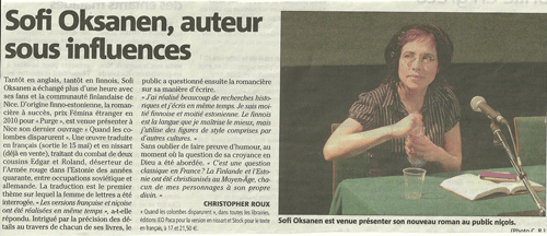 Sofi Oksanen : article Nice-Matin 11 Mai 2013